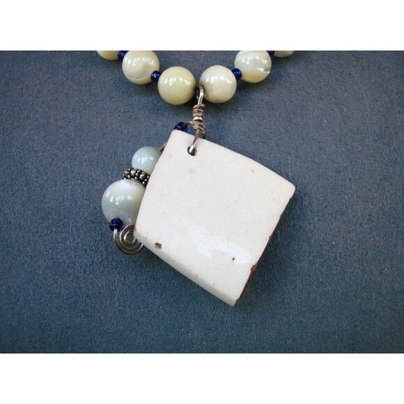 Vintage Ceramic Tile Necklace With Mother Of Pearl Beads & Blue Accents - Picture 3 of 3